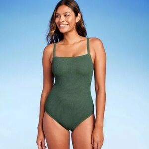 New Women's Pucker Textured Square Neck High Coverage One Piece Swimsuit Size XL